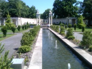 Inside the walled garden, looking north at the amphitheater